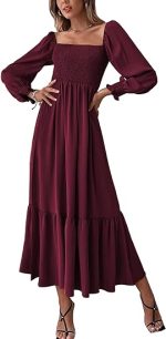 Women's Square Neck Puff Sleeve Hem Elegant Long Sleeve Maxi Dress - Image 4